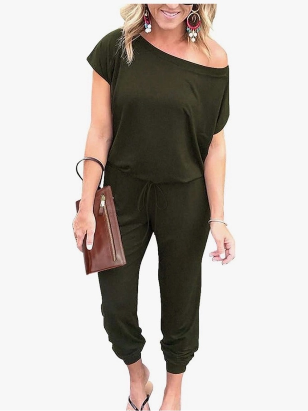 Off-Shoulder Olive Green Relaxed Jumpsuit